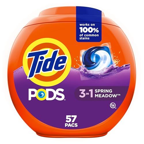 Tide PODS laundry detergent pacs, 3-in-1 Stain Remover, Odor Fighter, Color Protector, 57 Count, HE compatible, Spring Meadow Scent - size: 57 Count (Pack of 1)
