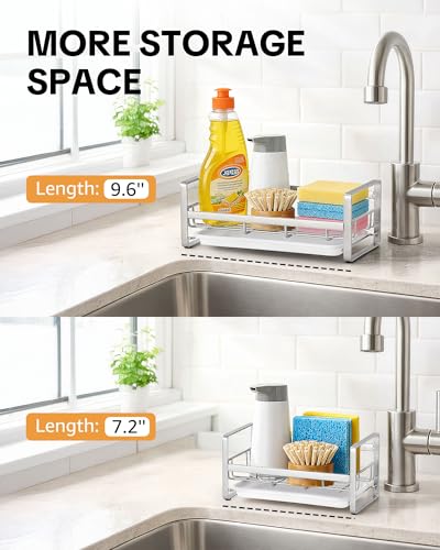 HULISEN Large Sponge Holder, 304 Stainless Steel Kitchen Soap Dispenser Caddy Organizer, Countertop Soap Dish Rack Drainer with Removable Drain Tray, not Including Dispenser and Brush, Silver - color: Silver, size: Large