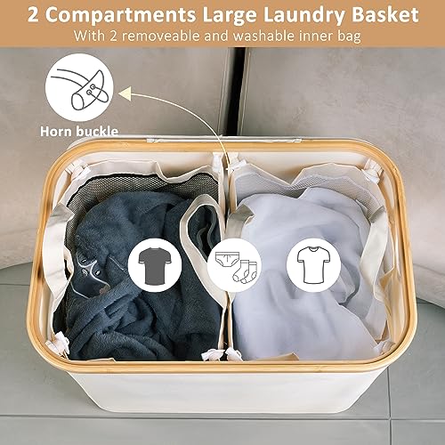 iEGrow 150L Laundry Basket with Lid, Large Laundry Hamper with Bamboo Handle, Collapsible Dirty Clothes Hamper Organizer with 2 Removable Inner Bags for Clothes Toys Towels - Beige - color: Beige, size: 150L
