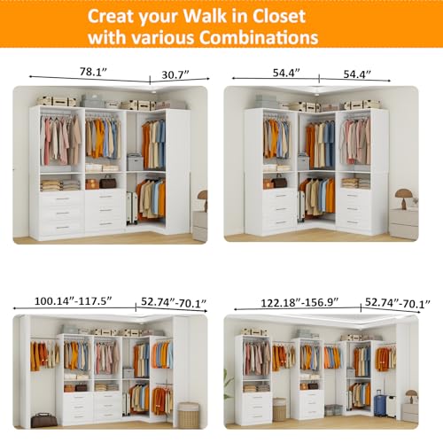 Closet System with 6 Wooden Drawers, 6.5-16FT Corner Closet Organizer System for Walk in Closet, Heavy Duty Modular Closet Systems, Built-in Shelving System with 7 Hanging Rods, 3-Piece Set - color: SL070909