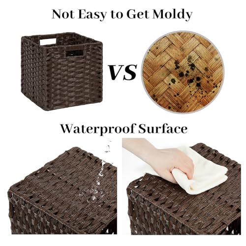 DULLEMELO Wicker Storage Bins 11x11 Storage Cubes for Organizing Plastic Woven Baskets for Storage Set of 2 Waterproof Woven Storage Cube Organizer for Pantry Closet Set of 2 - Deep Coffee - color: Deep Coffee, size: 11in-2 pack