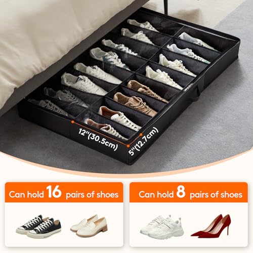Lifewit Under Bed Shoe Storage Organizer 4 Pack(16 Shoes Cells), 4.3 Inches Profile Fabric Shoes Container Box with Clear Cover, Foldable Storage Bag with 2 Handles, Fits 32 to 64 Pairs - style: 16 Shoes Cells