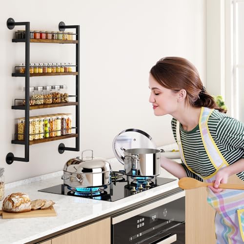 IBUYKE Spice Rack Wall Mount,4 Tier Hanging Seasoning Organizer,Large Spice Rack for Wall for up to 50 Jars,Spice Organization for Kitchen Cabinet,Bathroom,Pantry,Living Room,Brown TLJ016H - color: Rustic Brown