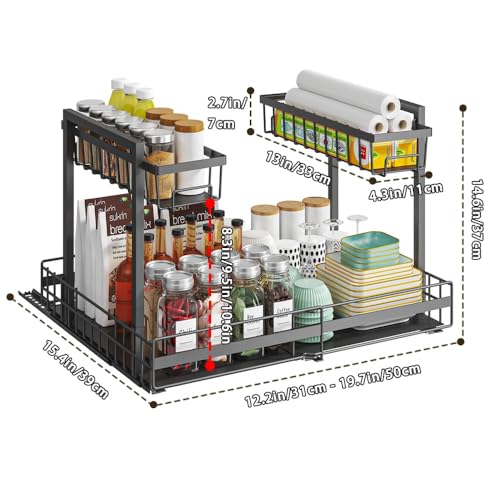 Expandable Under Sink Organizer with 3-Level Height Adjustment,2 Tier Under Sink Organizer Pull-Out Under Sink Drawers Cabinet Organizer for Kitchen & Bathroom Storage,Black - size: small