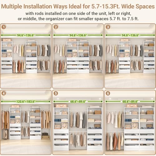 Aheaplus Closet System, 6-15Ft Closet Organizer with 8 Wooden Drawers, Wood Closet Organizer System with Tower, Walk-in Closet Organizer Wardrobe Clothes Rack with 4 Hanging Rods, Garment Rack, White - color: White