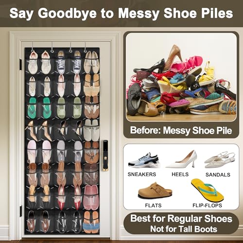 Over the Door Shoe Organizer with 40 Clear PVC Pockets – Waterproof Hanging Shoe Holder for Closet & Bathroom – Space-Saving Door Shoe Rack for Shoes, Toys, Toiletries & Snacks(Black) - color: Black