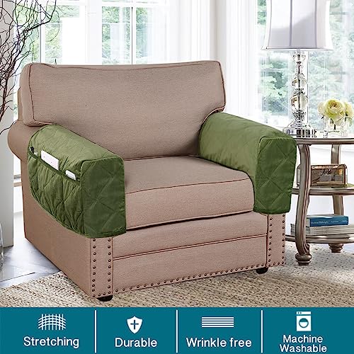 Velvet Quilted Armrest Covers - Water-Resistant Sofa Arm Protectors Set of 2 with Side Pocket Organizer, Non-Slip Furniture Covers for Chairs & Couches (Loden) - color: Loden