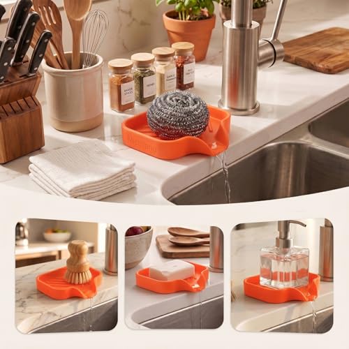 MicoYang Silicone Bathroom Soap Dishes with Drain Spout-Bathroom and Kitchen Sink Organizer,Sponge Holder,Dish Soap Tray,Perfect for Dispenser,Scrubber,Bottle,Cup on Sink or Counter-Orange 4.9"×3.2" - color: Orange, size: S(4.9"×3.2")