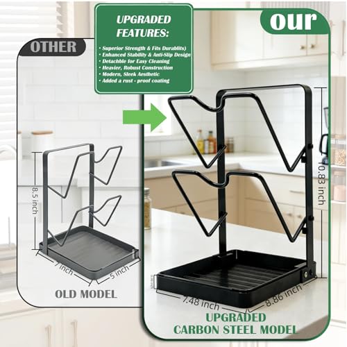 Pot Lid Holder While Cooking, 2-Tier Heavy Duty Pot Lid Organizer with Drip Tray & U-Shaped Groove, Multifunctional Storage Rack for Stove Top & Kitchen Countertop - Black