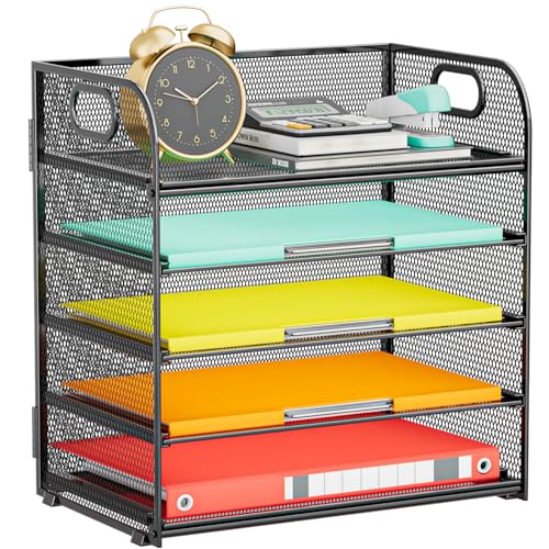 Paper Organizer Letter Tray with Handle, 5-Tier Black Stackable Desk Organizer with Metal Mesh, Sturdy Paper Tray for Office Desk, Home & Classroom Supplies Storage - color: Black, size: 12.6" x 9.1" x 13.4"