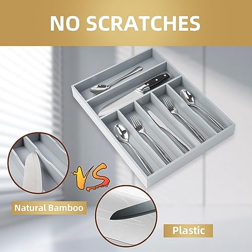 Besilord Silverware Organizer 13 Inch Gray Bamboo Kitchen Drawer Organizer 7 Slots Utensil Organizer Silverware Holder Cutlery Organizer Flatware Tray (Large) - color: Gray, size: 7 Slots