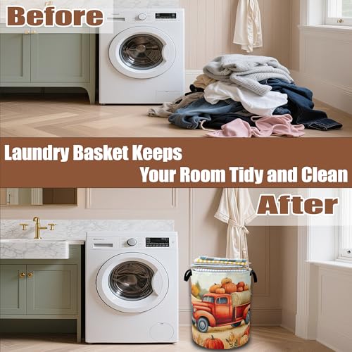 Happy Fall Laundry Hamper,Thanksgiving Day Red Truck and Pumpkin Laundry Baskets,Waterproof Oxford Cloth Toy Storage for Bedroom,Bathroom,Nursery,16x20.8 Inch - color: Happy Fall,Thanksgiving Day Red Truck and Pumpkin