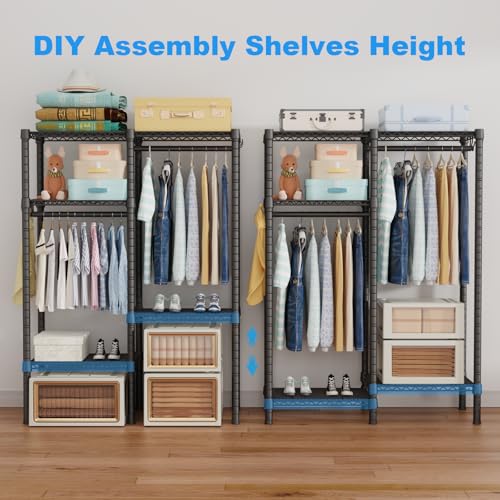 Ulif F1 Garment Rack for Kids, Baby, Students, and Children's Room, 4 Tiers Freestanding and Portable Heavy Duty Closets, Small Metal Clothes Rack with 2 Hanging Rod, 31.2" W x 11.8" D x 48" H, Black - color: Black