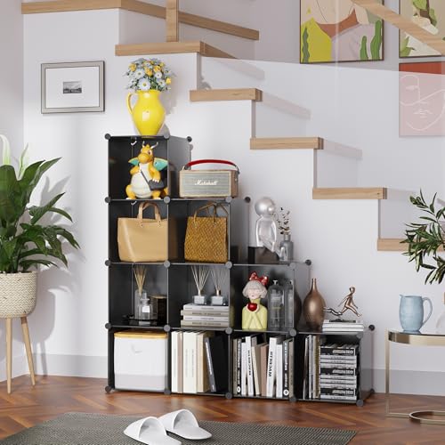 C&AHOME Cube Storage, 9-Cube Bookshelf, Plastic Closet Cabinet Organizer, DIY Stackable Bookcase, Modular Shelving Units Ideal for Home, Office, Kids Room, 36.6" L x 12.4" W x 48.4" H Black SHS3009A - color: Black