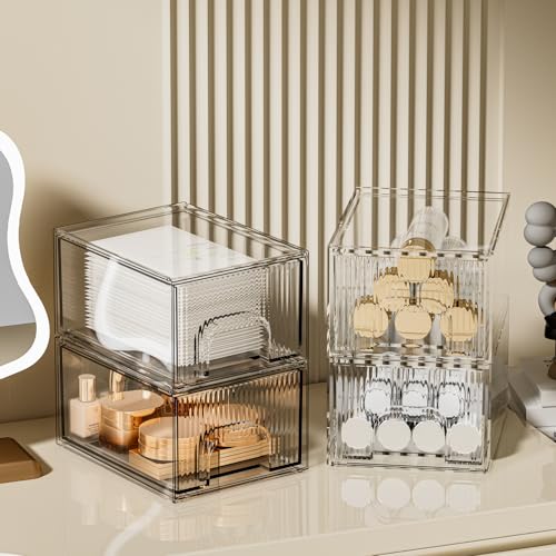 ZHIAI 4 Pack Clear Stackable Storage Drawer, Acrylic Drawer, Cosmetic Organizer, Plastic Organizer for Dresser, Under, Kitchen Cabinet, Pantry, Home Organization and Storage - color: 4 Short