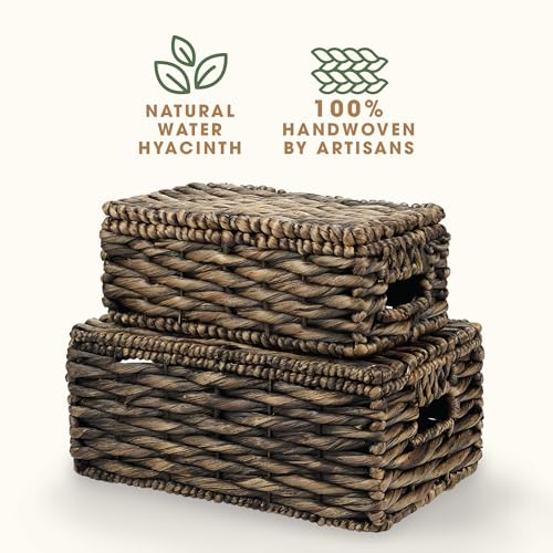 Set of 2 Black Wicker Baskets with Lid - color: Black