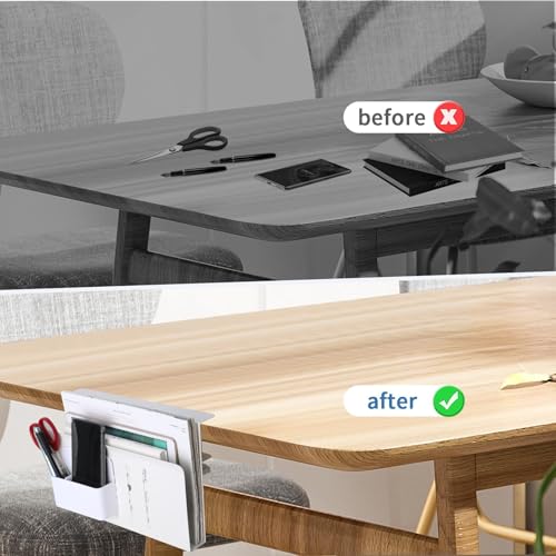 Desk Side Storage, Desk Laptop Holder with Magnetic Pen Holder, No Drill Desk Side Organizer for Office and Home Fits Flat Edge 0.3" to 2.3" - color: White