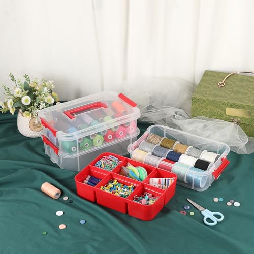 JUXYES 2Pack 3-Tiers Stack Carry Storage Box With Divided Tray, Transparent Stackable Storage Bin With Handle Lid Latching Storage Container for School & Office Supplies, Red - color: Red
