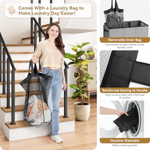 SOLEDI 160L Laundry Hamper 3 Section, Extra Large Laundry Hamper with Lid, Dirty Clothes Hamper with Sturdy Handle, Large Laundry Basket Organizer for Laundry Room, Bedroom, Hampers for Laundry - color: Grey, size: 160L