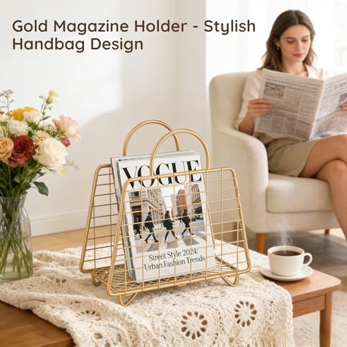 Gold Magazine Holder,Modern Magazine Rack Floor,Metal Wire Magazine Basket,Handbag Design Magazine Storage Organizer for Magazines File Book Newspaper Vinyl Record Albums - color: Gold