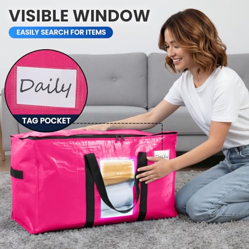 TAILI 12 Pack Pink Extra Large Moving Bags, Heavy Duty Totes with Visible Window, Wrap Around Handles, Space-Saving Storage Solution, Alternative to Moving Boxes - color: Pink, size: 12 Large