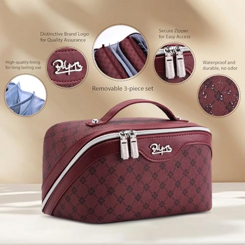BOYATU Travel Makeup Bag Cosmetic Bags for Women: 3 Pcs Set Large Capacity Make up Bag with Handle - Vegan Leather Toiletry Bags with Compartments - Makeup Organizer for Travel Essentials(A-10-Red) - color: A-910-Red