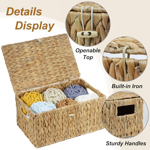 ORDELITE Set of 2 Wicker Basket with Lid, Rectangular Water Hyacinth Storage Baskets for Organizing, Decorative Woven Basket Bins Boxes for Organizing Home - size: 14.2" x 9.4" x 7" + 12.2" x 7.8" x 6"