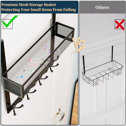 Consumest Over The Door Hooks Organizer - Over Door Hanger with 16 Hooks & 2 Baskets for Hanging Coat, Clothing, Towel, Back Storage for Bathroom, Closet, College Dorm, Black - color: Black-16 Hook 2 Basket, size: 2 Tier