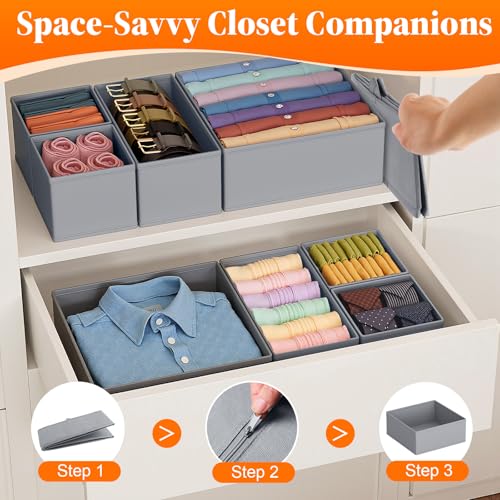 TasticTotes Drawer Organizer Clothes, 16 Pack Drawer Organizers and Underwear Organizer for Nursery, Dividers Clothes Organizer, Closet Organization and Foldable Storage Bins for Socks, Bra, Tie, Grey - color: Grey