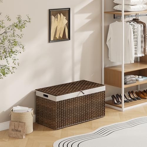 HOOBRO Storage Basket with Lid, 52.8 Gallon (200L) Wicker Basket, Handwoven Blanket Storage Basket with Handles, Metal Frame and Soft Lining, Foldable for Bedroom, Laundry Room, Brown BR220CW01 - color: Brown, size: 39.4"L x 15.7"W x 19.7"H