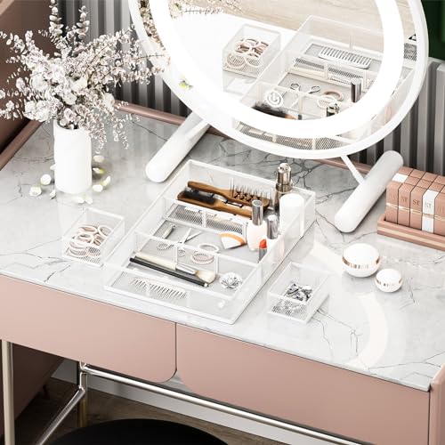 Marbrasse 3 Packs White Desk Drawer Organizers,Drawer Organizer Tray with 9 Adjustable Compartments,Junk Drawer for Makeup & Vanity, Office Desk Supplies and Accessories（White） - color: White