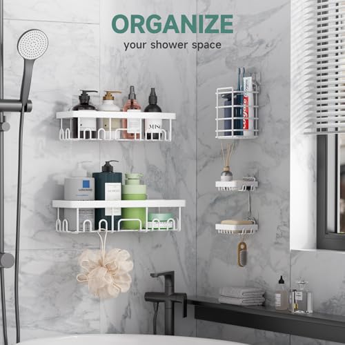Veken Adhesive Shower Caddy 5-Pack,Heavy Weight Bearing,Large Wall Mounted Shower Shelves Rack,Organizer Storage Accessories with Soap Dish&Toothbrush Holder,Ideal for Bathroom,Home&Kitchen,White - color: D. White