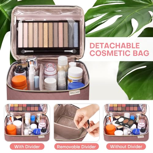 HXLGMD Large Makeup Bag with Mirror Double Layer Travel Make Up Organizer Case, Large Capacity Coemetic Bag with Brush Slot Divider - color: Rosewood