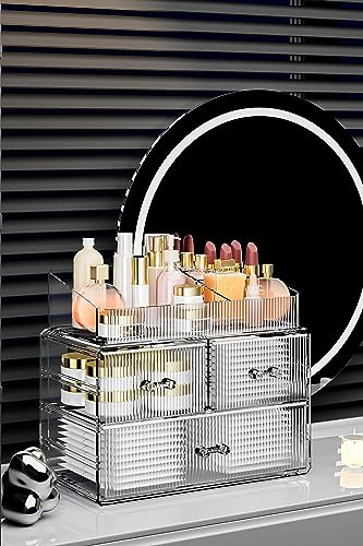 ZHIAI Stackable Cosmetic Organizer, Acrylic Cosmetic Organizer for Dresser, Vanity, Kitchen Cabinet, Bathroom, Under Sink, Home Organization and Storage (1 Top 3 Drawers) - color: (1 Base, 2 Drawers) with Top