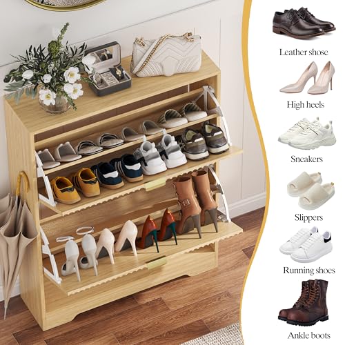 HUANLEGO Shoe Cabinet Storage for Entryway with 2 Flip Drawers, Fluted Shoe Cabinet with Open Storage, Wooden Hidden Shoe Rack Freestanding Narrow Slim Shoe Organizer for Hallway, Entrance - color: Oak, size: 2 Drawer