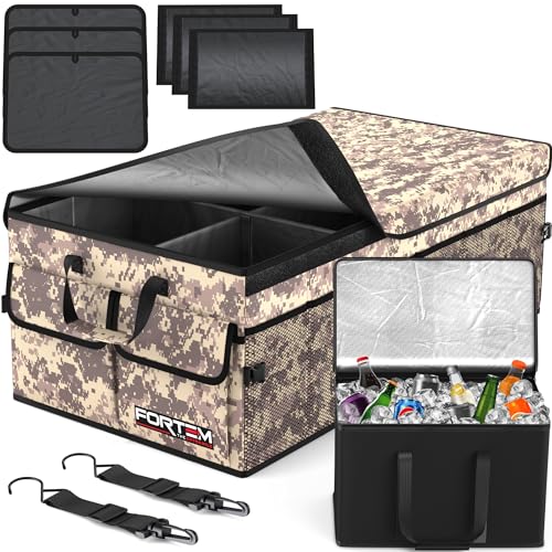 FORTEM Trunk Organizer with Cooler For SUV Car Trunk, Foldable Storage, Car Accessories for Women Men, Collapsible Bag, Perfect Christmas Gifts, 600D Oxford, Non Slip Bottom, Straps, Soft Cover (105L) - color: Desert Camo, size: XXL (105L)