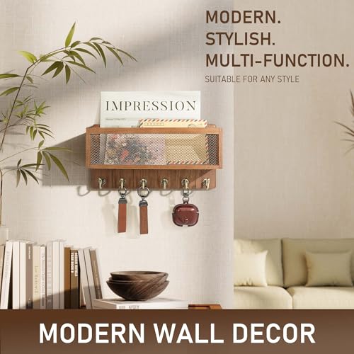 Rebee Vision Key Holder Wall Mount with Mesh Mail Basket – Mail Organizer for Wall Decor with 6 Key Hooks for Entryway, Kitchen – Functional Home Decor & Space-Saving Wooden Organizer (Golden Hook) - color: Light Brown