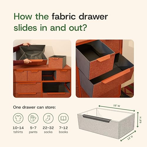 tinge Naima Premium Fabric Dresser - Strong Metal Frame, 10 Spacious Sag-Proof Drawers with Sleek Metal Handles - Premium & Durable Storage Solution for Your Home (Orange) - color: Golden Hour (Orange), size: 14"D x 39.2"W x 35.8"H (10 Drawers)