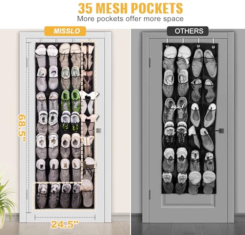 MISSLO 35 Large Pockets Over the Door Shoe Rack for Door Sturdy Oxford Over the Door Shoe Organizer Closet Hanging Shoe Holder Hanger - color: Black, size: 24.5x68.5