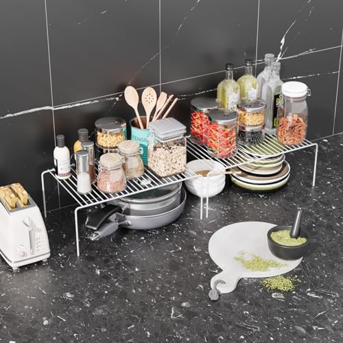 Medium(13 x 9.4 inch)White Cabinet Storage Shelf Rack Set of 4, Rustproof Metal Wire Kitchen Counter Organizers and Storage, Spice Organization for Cabinet, Plate, Dish, Pantry, Bathroom, Fridge - size: 4Pack-White-13 x 9.4 inch