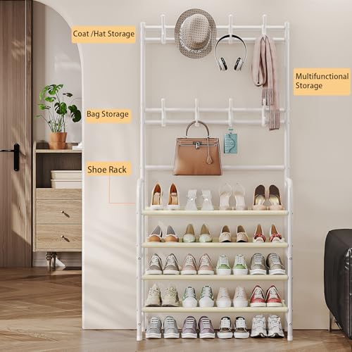 Coat Rack Shoe Rack With Storage Shelf Freestanding with 8 Hooks for Entryway Bedroom Closet (White, 4Tiers) - color: White