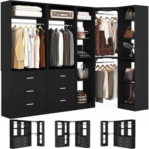 Besiost Corner Closet System with 6 Drawers, Closet Organizer System with 14 Shelves & 4 Hanging Rods, 87.2"L * 39.2"W / 63.2"L * 63.2"W Reversible L Shaped Walk-in Closets, Load 2500+LBS, Black - color: Black, size: 39.2" * 87.2"