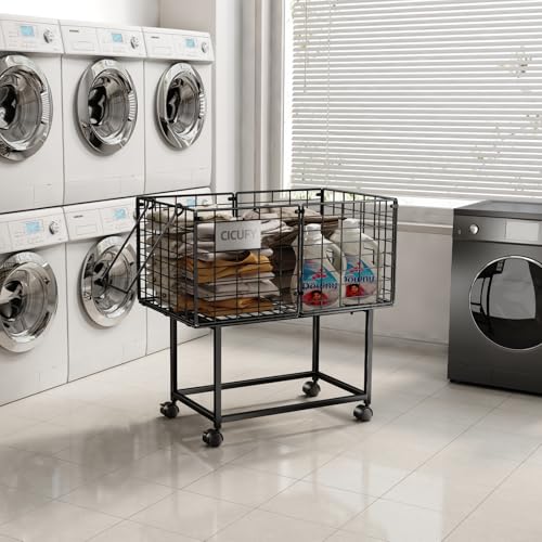 CICUFY Rolling Laundry Cart, 80L Wire Laundry Hamper Basket on Wheels, Dirty Clothes Basket with Handle, Metal Clothes Hamper Organizer for Laundry Room, Bathroom, Bedroom, Dorm, Black - color: Black