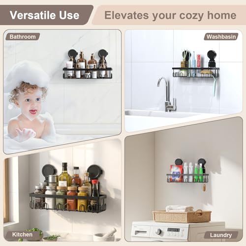 JOTPE Shower Caddy Suction Cup, Powerful Suction Storage Shelf Holds Up to 40 lbs, No Drilling Bathroom Organizer with Large Capacity, Removable & Reusable Shower Basket with Hooks, Rustproof, Black - color: black, size: Size: 1 x Medium