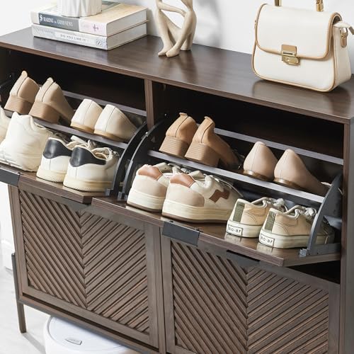 Shoe Cabinet Storage with 4 Flip Drawers, Narrow Hidden Shoes Organizer Cabinet for Entryway, Freestanding Slim Shoe Rack Front Door Entrance(Brown) - color: Brown, size: Large