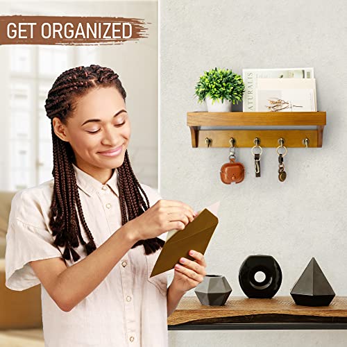 Rebee Vision Decorative Key Holder for Wall with Shelf: Farmhouse Mail Rack with 5 Sturdy Key Hooks for Home Decor, Apartment, Entryway and Hallway (Light Brown) - color: Yellow