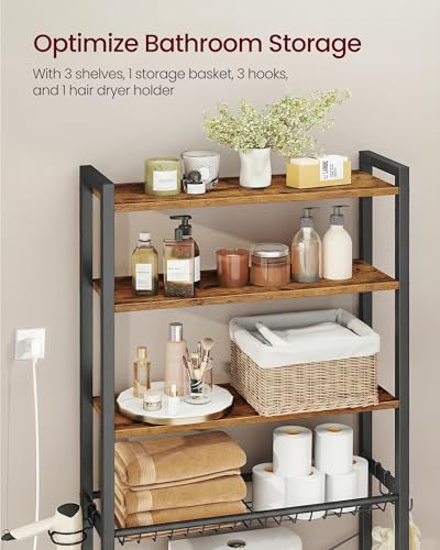 VASAGLE Over the Toilet Storage, Over Toilet Bathroom Organizer with Adjustable Shelves and Basket, 3 Hooks, Space Saving, 9.4 x 23.6 x 68.1 Inches, Rustic Brown UBTS114KD01S - color: Rustic Brown, style: 4 Tiers (68.1" H)