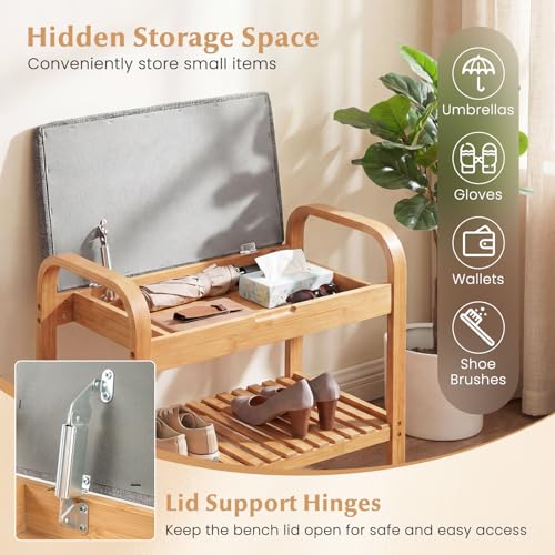 Giantex Small Entryway Bench with Storage, 2-Tier Bamboo Shoe Rack Bench with Flip Top Storage Space and Padded Cushion, Shoe Organizer for Entryway, Living Room, Hallway, Bedroom,Natural - size: 13"D x 24"W x 22"H（With Flip-Top Storage）
