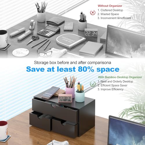 Bamboo Desk Organizer with Drawers Desktop Storage Drawers for Bills Office Supplies Kitchen Utensils Organizing Tool for Home Classroom Organization No Assembly (Black) - color: Black