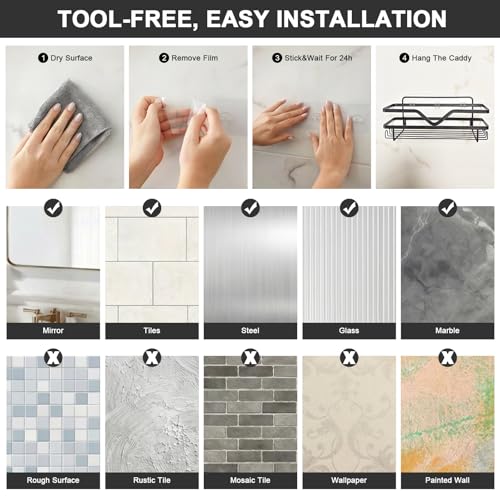 Shower Caddy 3 Pack - Shower Organizer Shelves Rack Rustproof No Drill Self Adhesive Shower Caddies with Soap Dish & Side Hooks for Bathroom Kitchen Storage, Black